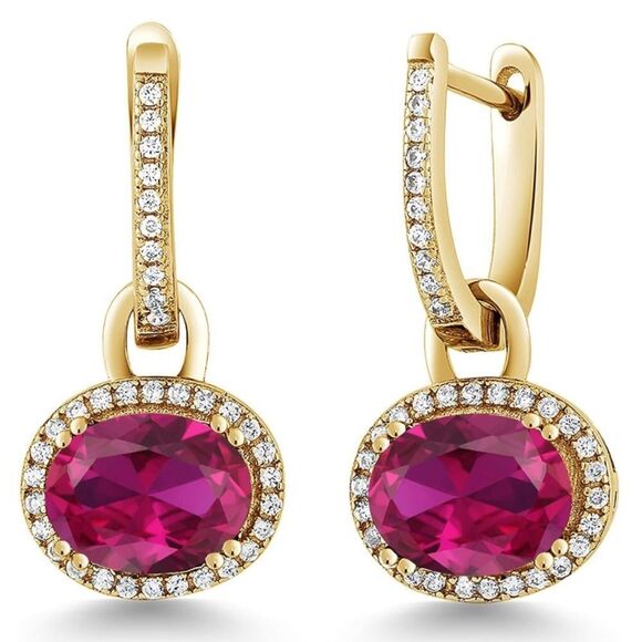 18K Yellow Gold 925 with 4.84 Cttw Ruby Oval Dangling French Lock Earrings